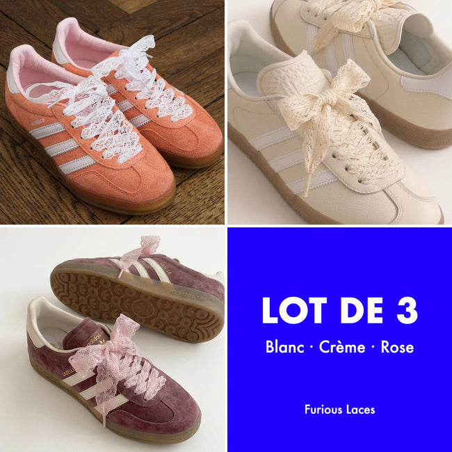 Lot de 3 lacets en dentelles blanc, crème et rose